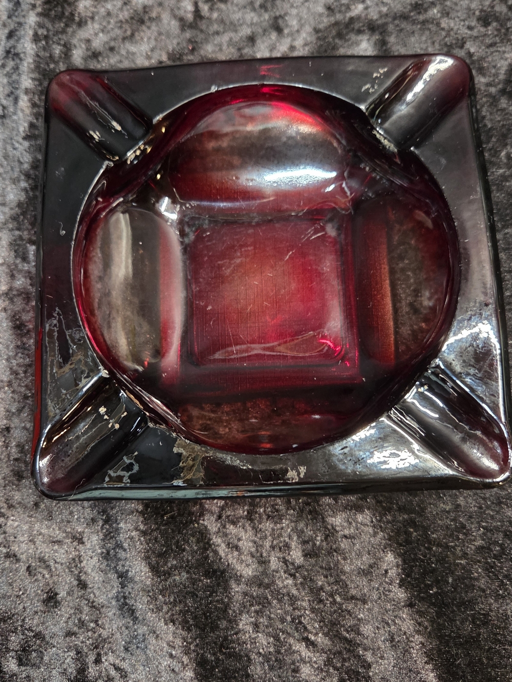 Mid-Century Heavy Art Glass MCM Vintage Maroon  Glass Square Ashtray-O